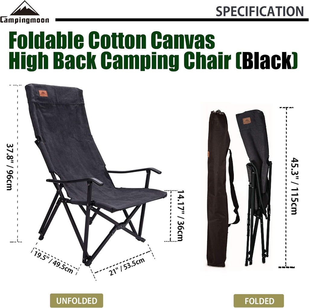 CAMPINGMOON Foldable Cotton Canvas Camping Chair Campfire High Back Low Style Relaxing Chair Black F-1002C-BK