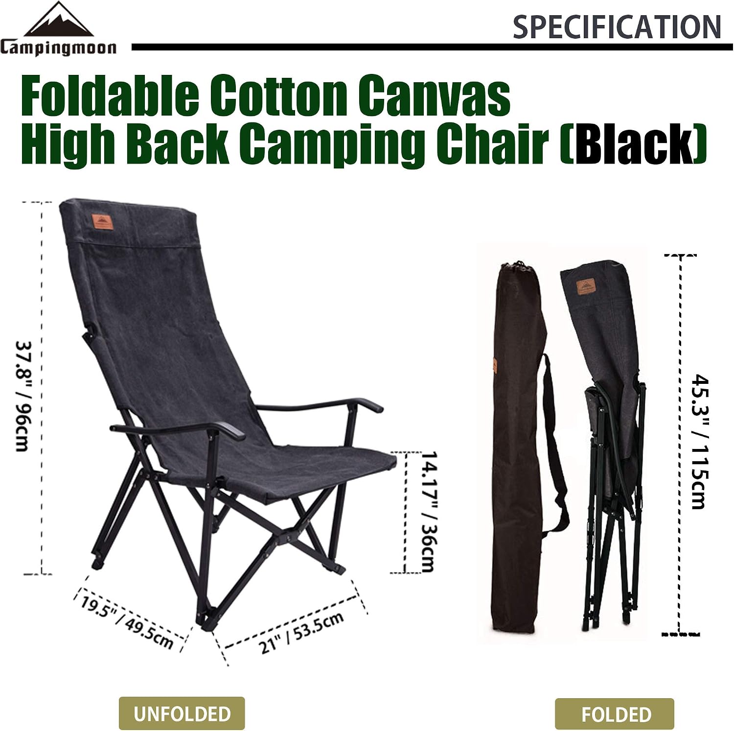 CAMPINGMOON Foldable Cotton Canvas Camping Chair Campfire High Back Low Style Relaxing Chair Black F-1002C-BK