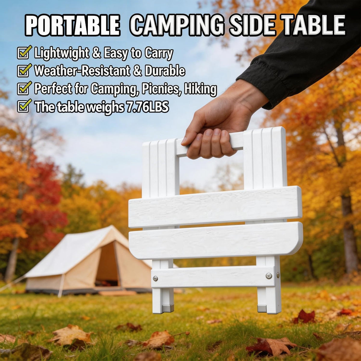 Folding Outdoor Side Table,Small HDPE Patio Table,All-Weather Compact Portable End Table for Patio,Porch,Pool,White,11.8" D x 15.7" W x 15.7" H