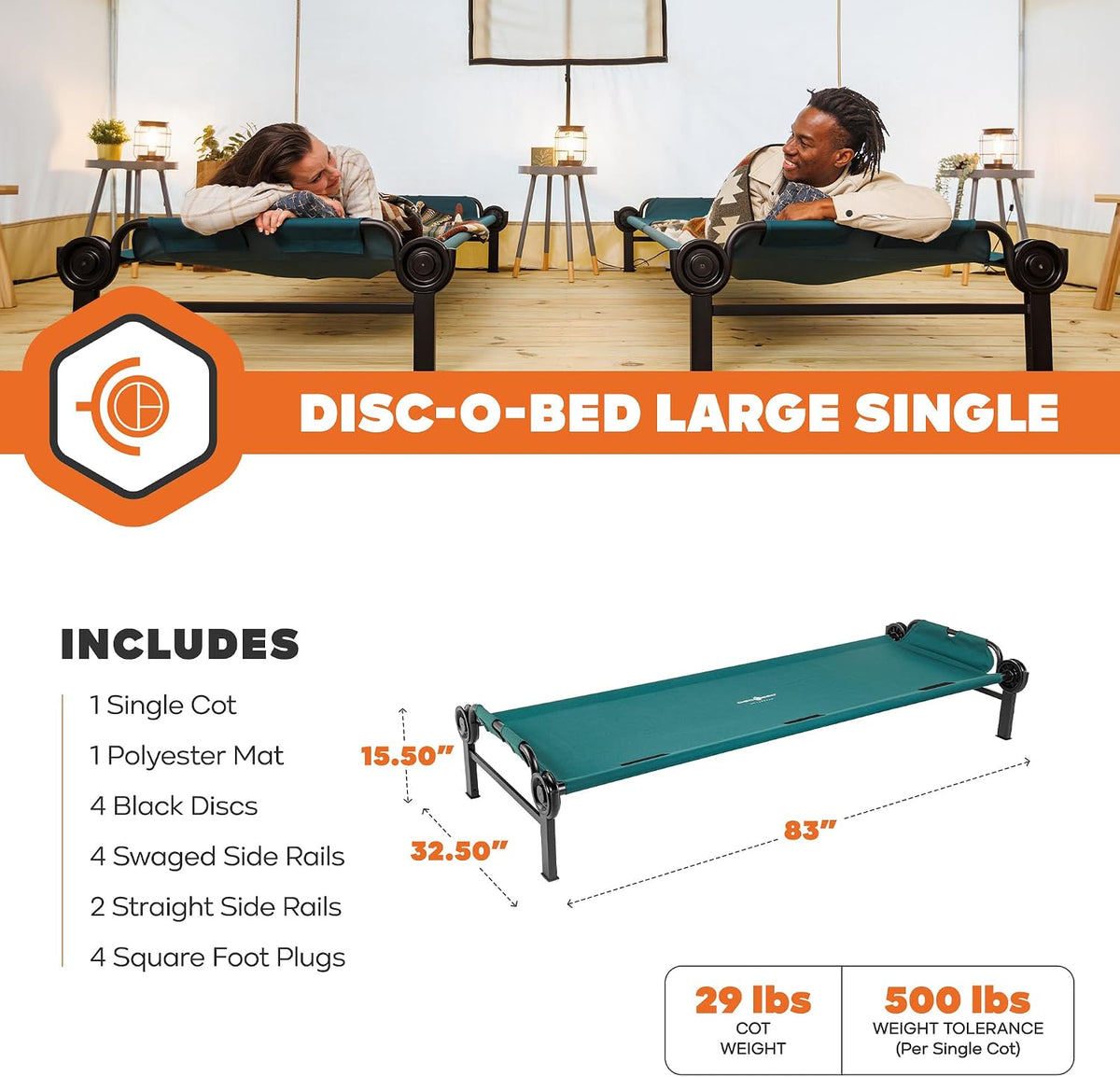 Disc-O-Bed Large Outdoor Modular 1 Person Single Camping Cot Portable Bed for Adults, Sleep Solution for Tents, Green