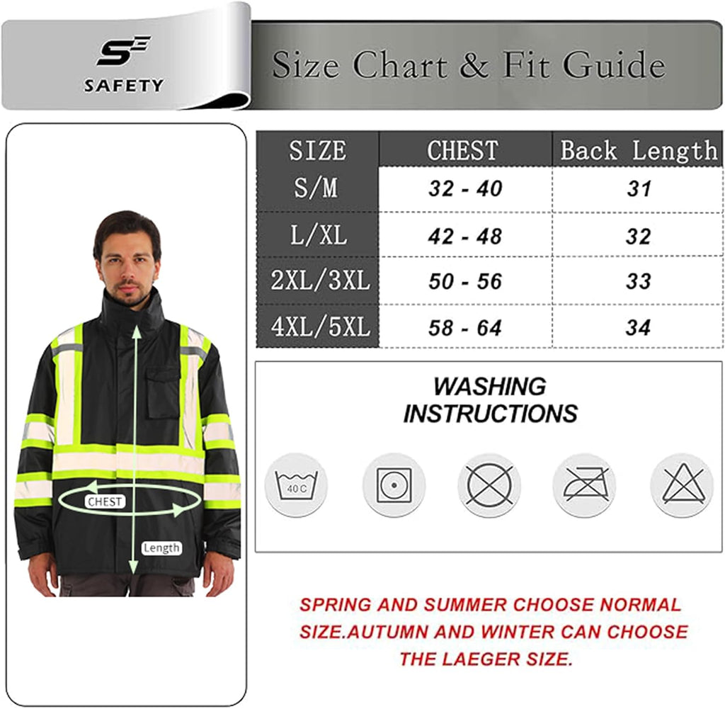 sesafety Hi Vis Rain Jacket, Rain Suits for Men Waterproof withBlack Bottom