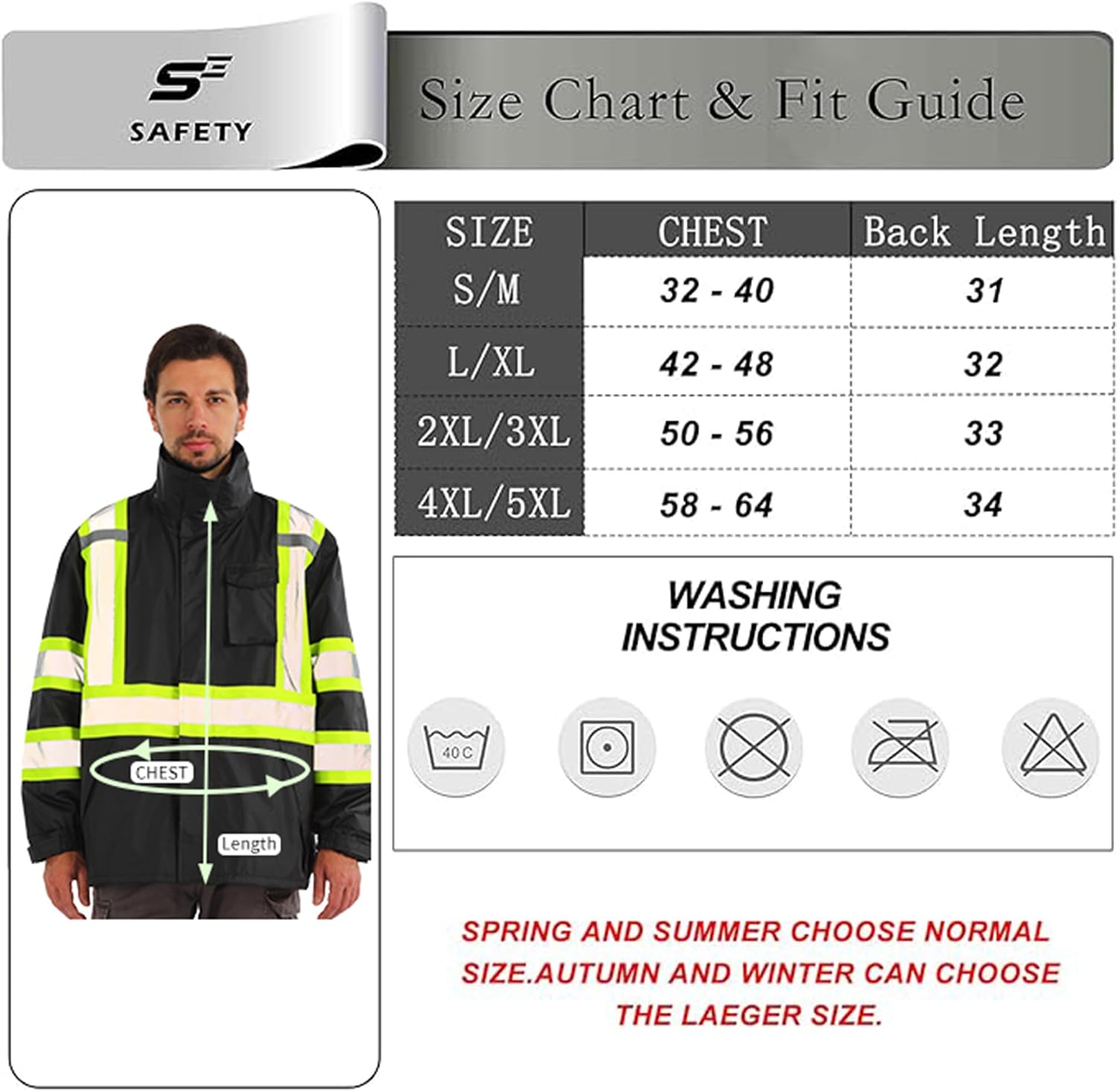 sesafety Hi Vis Rain Jacket, Rain Suits for Men Waterproof withBlack Bottom