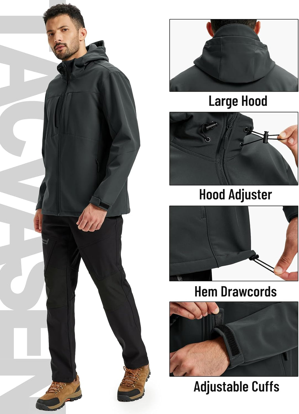 TACVASEN Men's Hooded Softshell Waterproof Fleece Lined Lightweight Jackets