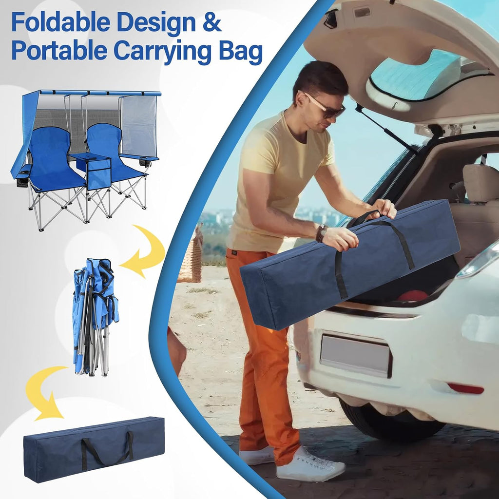 Double Camping Chair with Canopy Shade,Beach Chair Support 600LBS,Blue