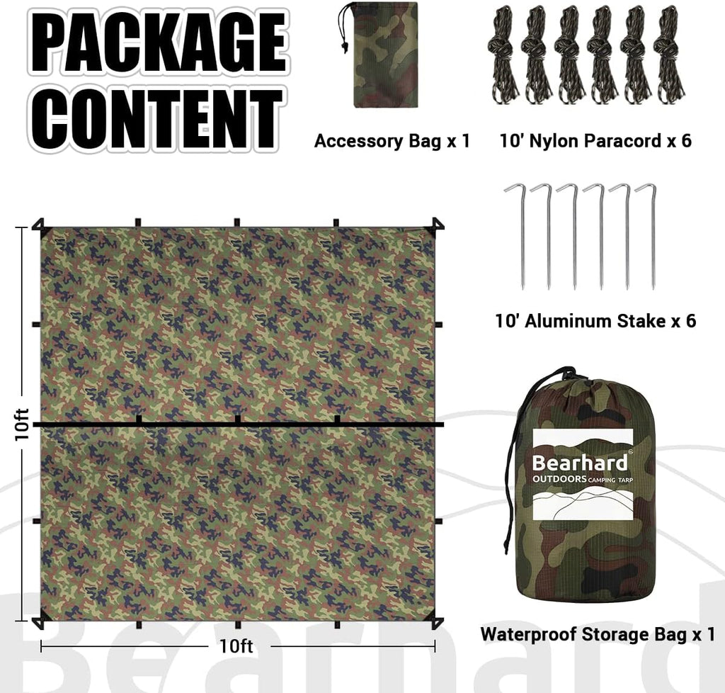 Bearhard 10x10ft/10x12ft Large Waterproof Camping Tarp, Lightweight Hammock Rain Fly