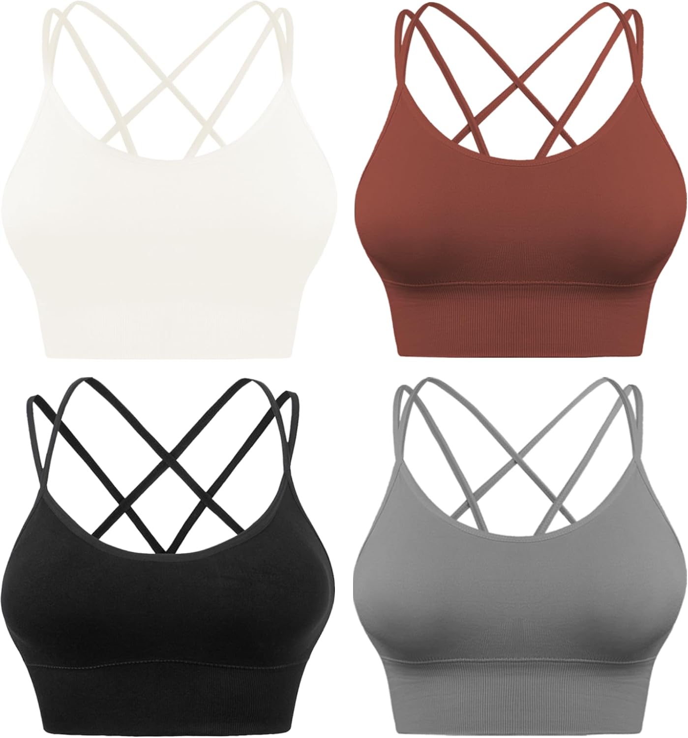Women's Cross Back Sport Bras, Padded Strappy Seamless Low Impact 3-5 Pack