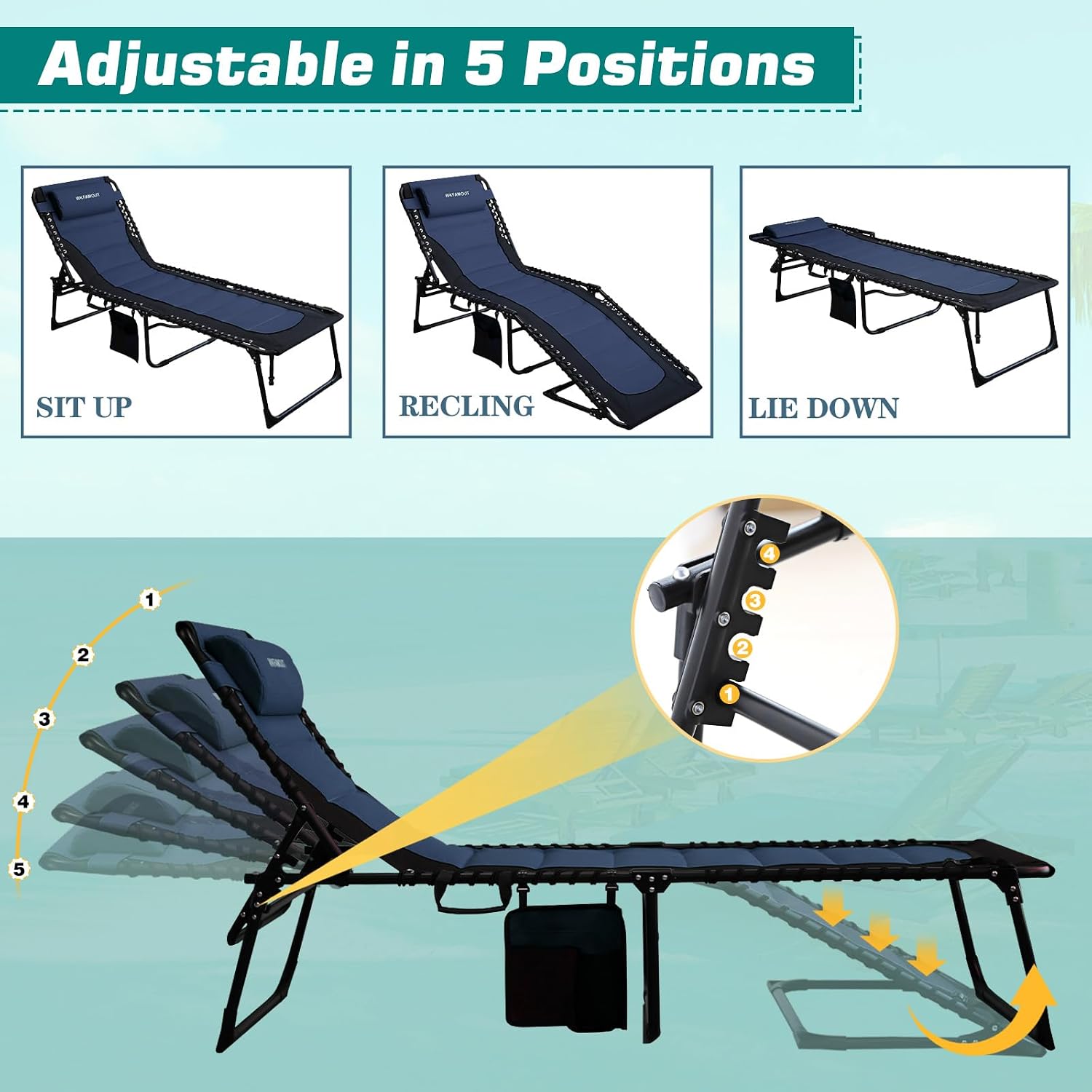 Outdoor Folding Lounge Chair Padded for Adults 264Ibs Patio Chaise Lounge Chair for Outside Adjustable 5-Position Reclining Beach Chair with Pillow Pocket