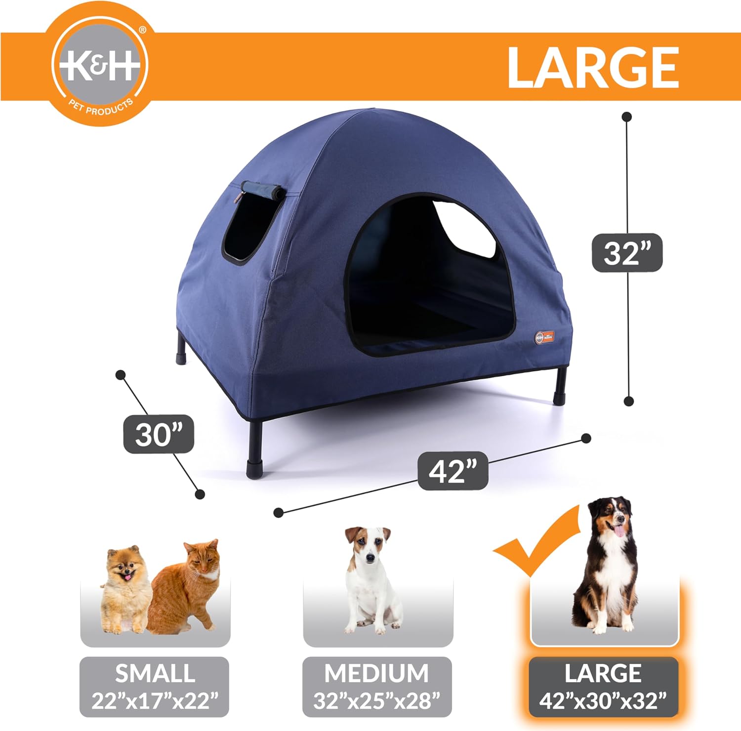 K&H Elevated Dog Bed, Outdoor Pet Cot House for Large Pets - 42x30in Blue