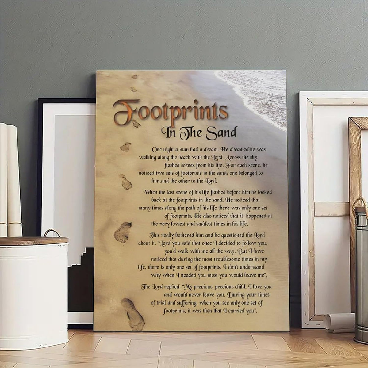 Footprints in the Sand Religious Canvas Wall Art Posters, Inspirational Beach Sunset Poem Print Poster (Framed 20x30inch, Footprints(3))