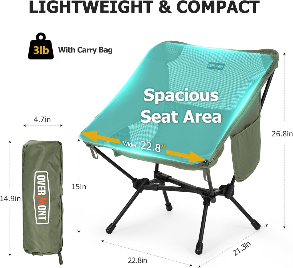 Overmont Ultralight Portable Camping Chair- Lightweight Folding Backpacking Chair, Support up to 330Lbs Compact Beach Chair for Adults with Carry Bag for Backpack Hiking Fishing Outdoor Camp Travel