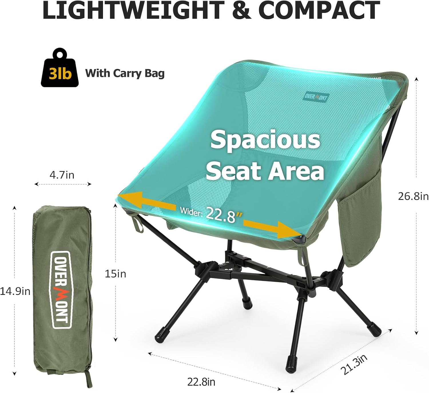Overmont Ultralight Portable Camping Chair- Lightweight Folding Backpacking Chair, Support up to 330Lbs Compact Beach Chair for Adults with Carry Bag for Backpack Hiking Fishing Outdoor Camp Travel