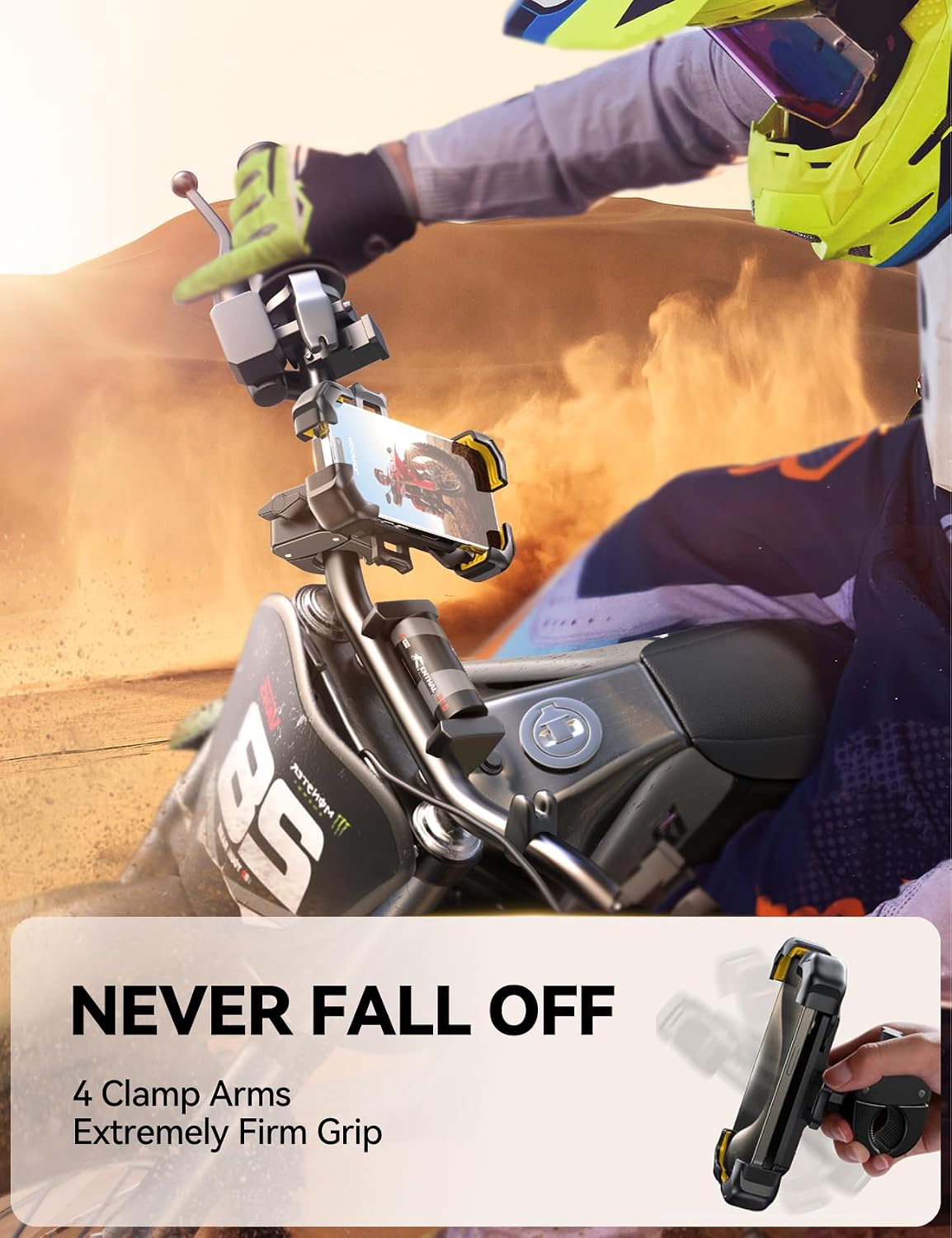 JOYROOM Motorcycle Phone Mount, [1s Auto Lock][100mph Military Anti-Shake] Bike Phone Holder for Bicycle, [10s Quick Install] Handlebar Phone Mount, Compatible with iPhone, Samsung, All Phone, Yellow