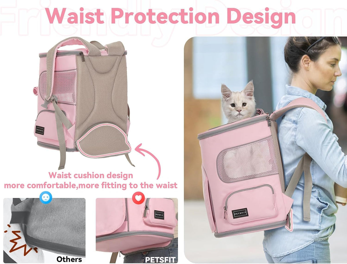 PETSFIT Pet Carrier Backpack with Upgraded Waist Protection, Cat Carrier Backpack Designed for Small Dogs/Cats, Fully Ventilated Collapsible Dog Backpack for Outdoor Traveling Hiking Camping, Pink