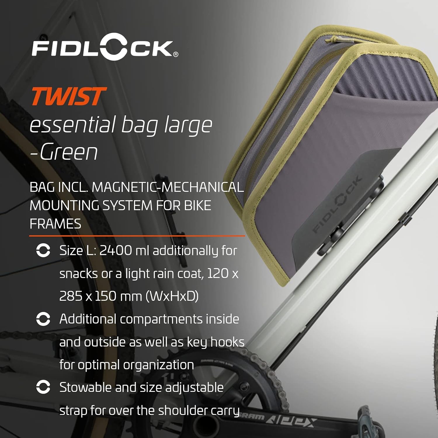 FIDLOCK Twist Essential Bag with Bike Base For Frame Triangle, Green, Large