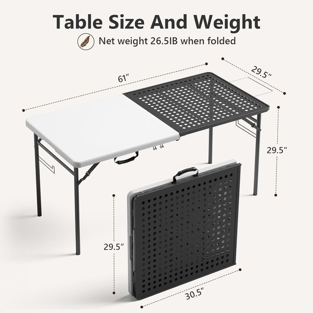 5FT Folding Table Portable Picnic Table with Metal Grid Grilling Surface, Foldable Camping Table Food Prep Station for BBQ, Patio & Beach
