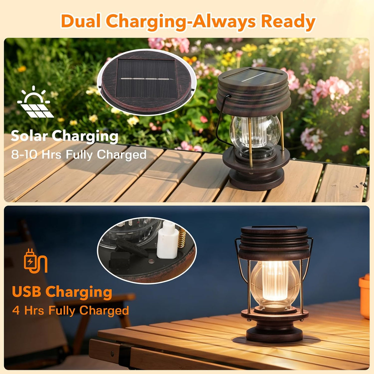 Solar Lanterns, Dual Solar & USB Charging, Hanging & Table Camping Lights