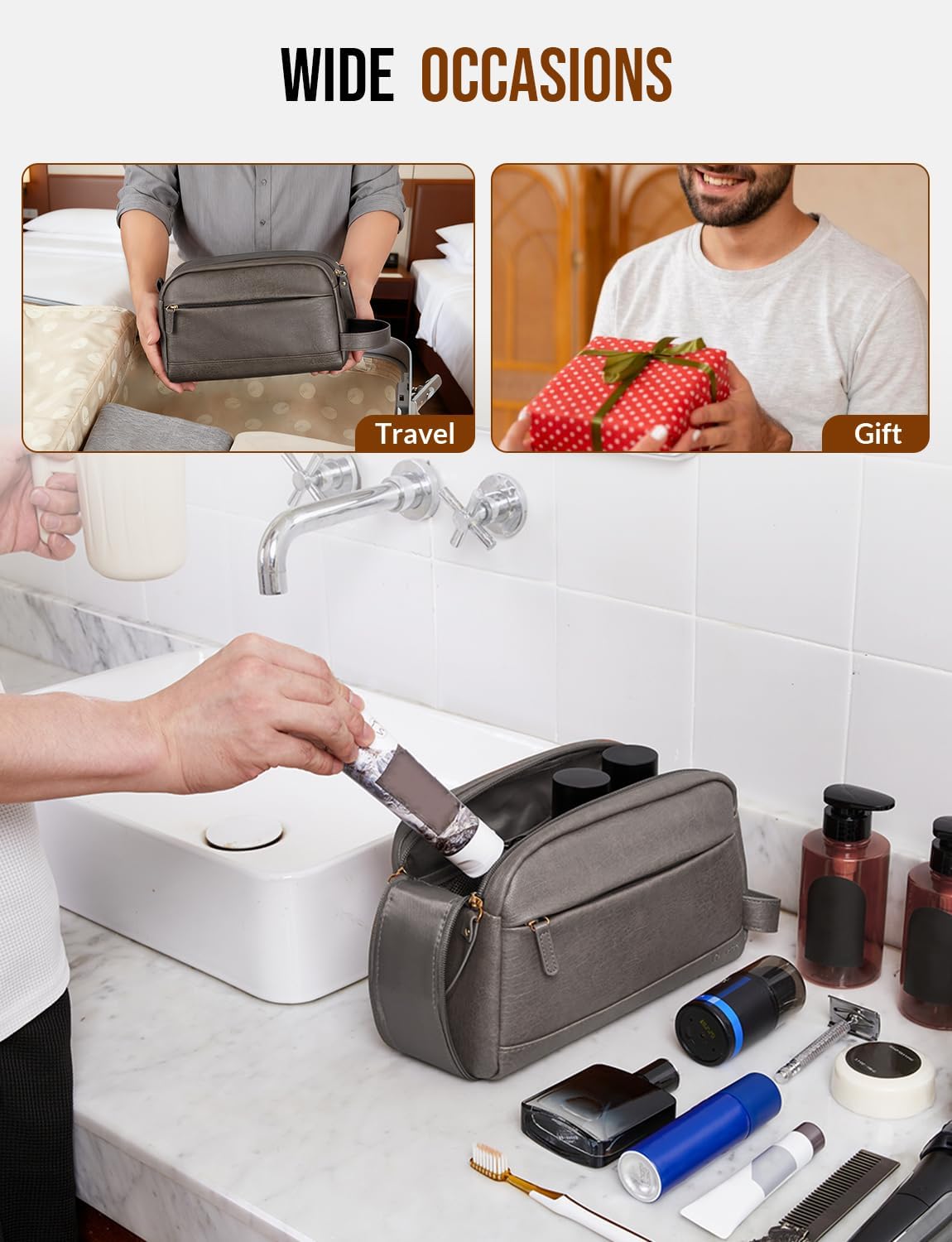 PU Leather Toiletry Bag for Men, Grey