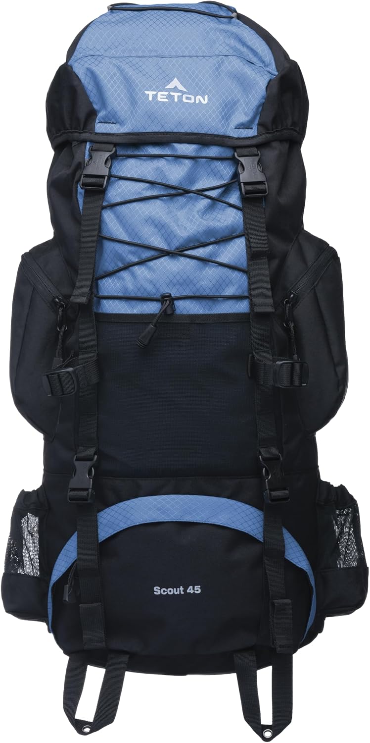 Teton 55L Scout Internal Frame Backpack for Hiking, Camping, Backpacking, Travel, Rain Cover Included, Black