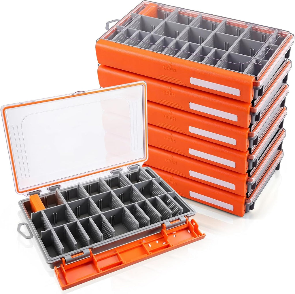 Junkin 6 Pack 3700 Fishing Tackle Boxes Waterproof, High-vis Black Lure Organizer Trays with Removable Dividers, Airtight Bait Storage Case for Bass Fishing Backpacks & Kayak Gear Accessories