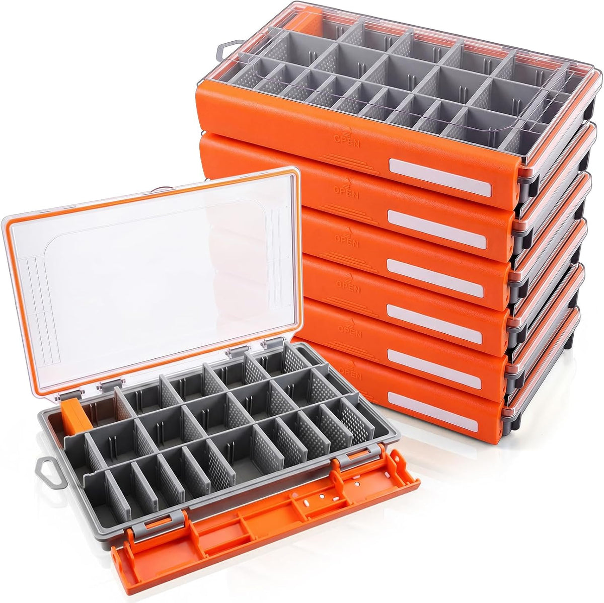 Junkin 6 Pack 3700 Fishing Tackle Boxes Waterproof, High-vis Black Lure Organizer Trays with Removable Dividers, Airtight Bait Storage Case for Bass Fishing Backpacks & Kayak Gear Accessories