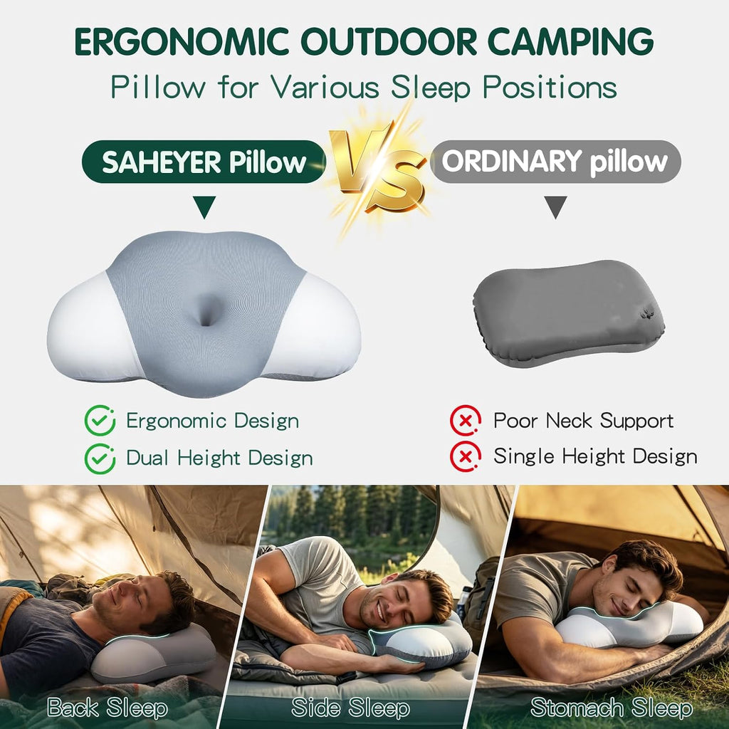 SAHEYER Memory Foam Camping Pillow, Upgraded Lengthened Travel Pillows for Sleeping, Cervical Neck Support Camping Gear Accessories - Small Pillow Travel Essentials for Sleep, Backpack, Hammock, Grey