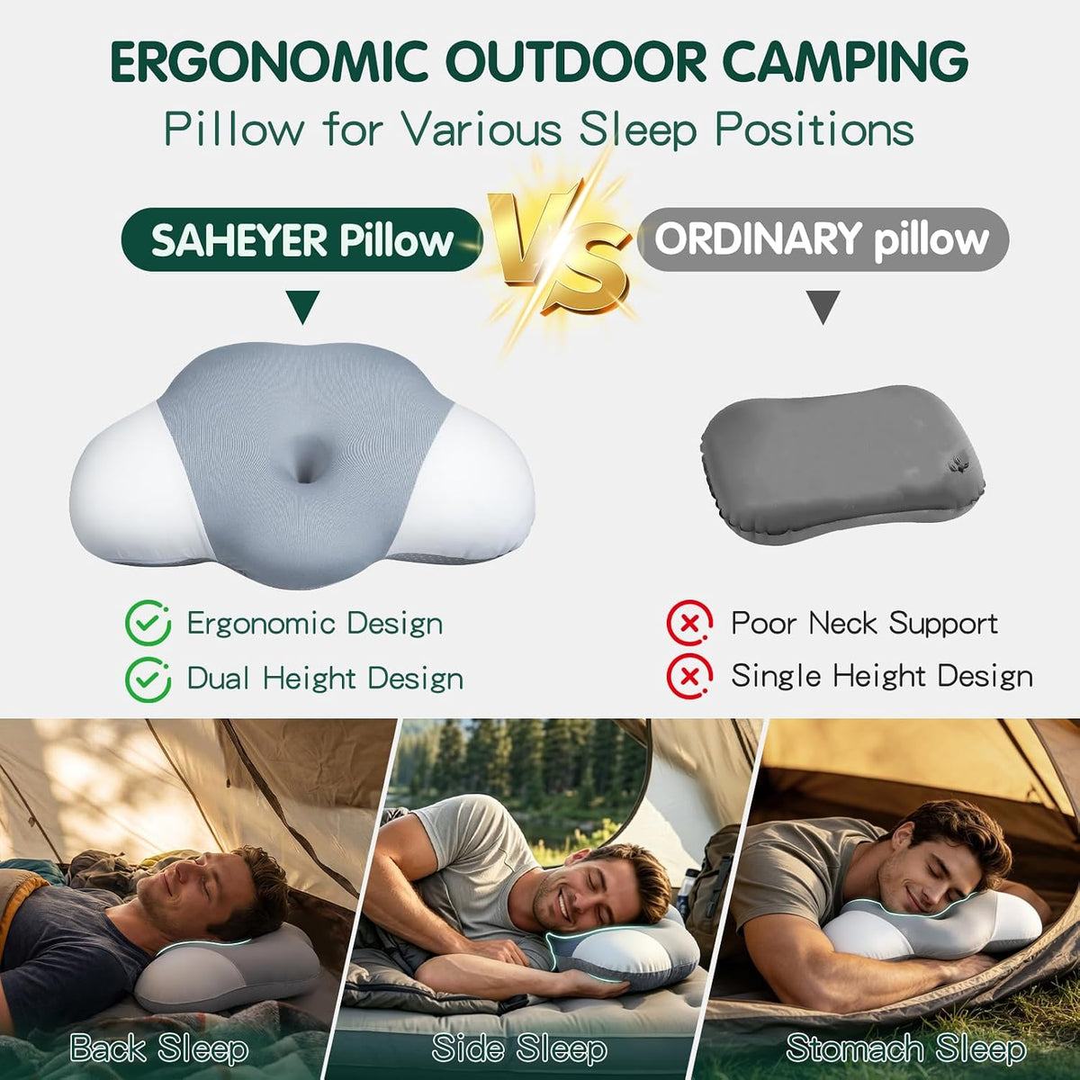 SAHEYER Memory Foam Camping Pillow, Upgraded Lengthened Travel Pillows for Sleeping, Cervical Neck Support Camping Gear Accessories - Small Pillow Travel Essentials for Sleep, Backpack, Hammock, Grey