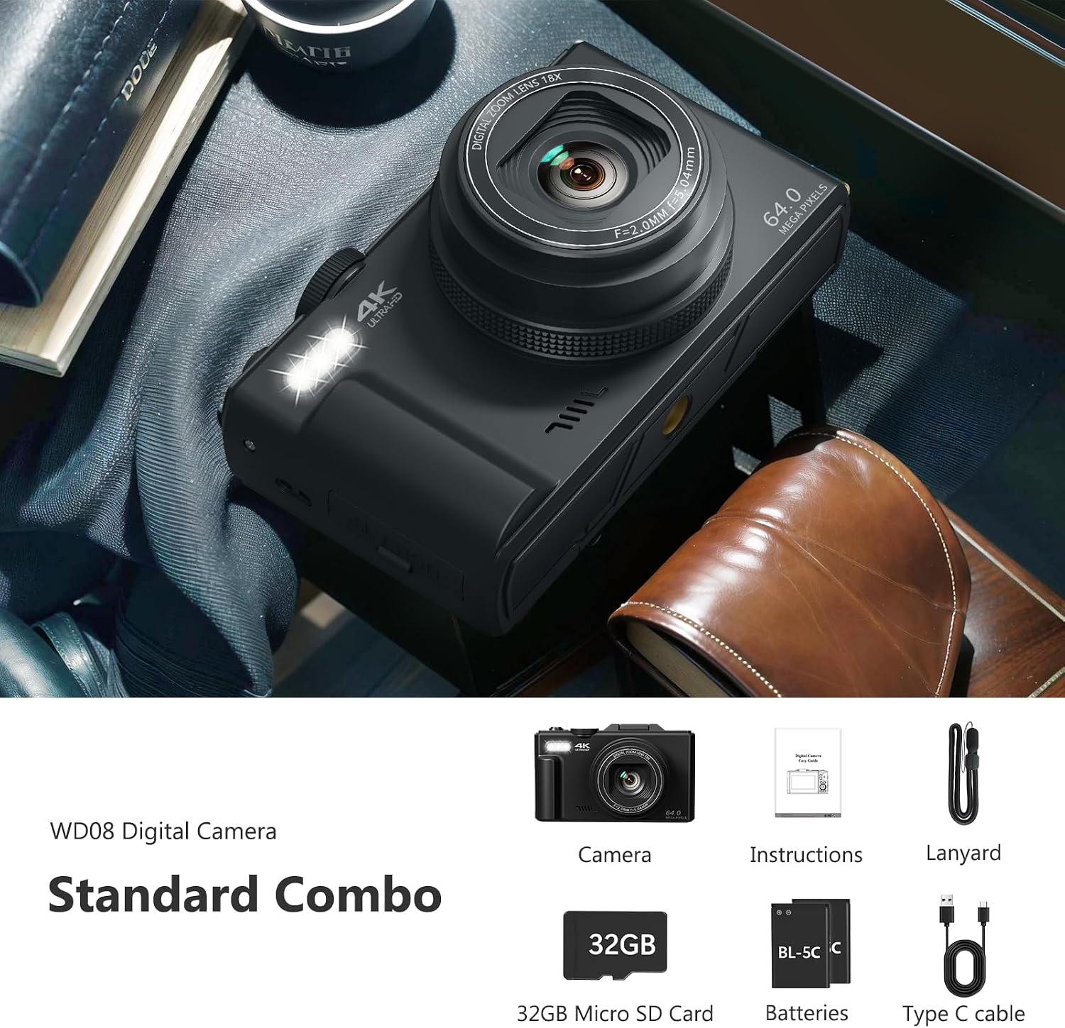 VJIANGER 4K Digital Camera, Vlogging Camera with 180° Flip Screen