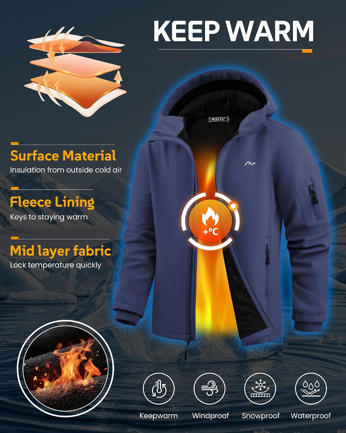 WULFUL Men's Lightweight Softshell Jacket Warm Fleece Lined Windbreaker Waterproof Soft Shell for Outdoor Hiking