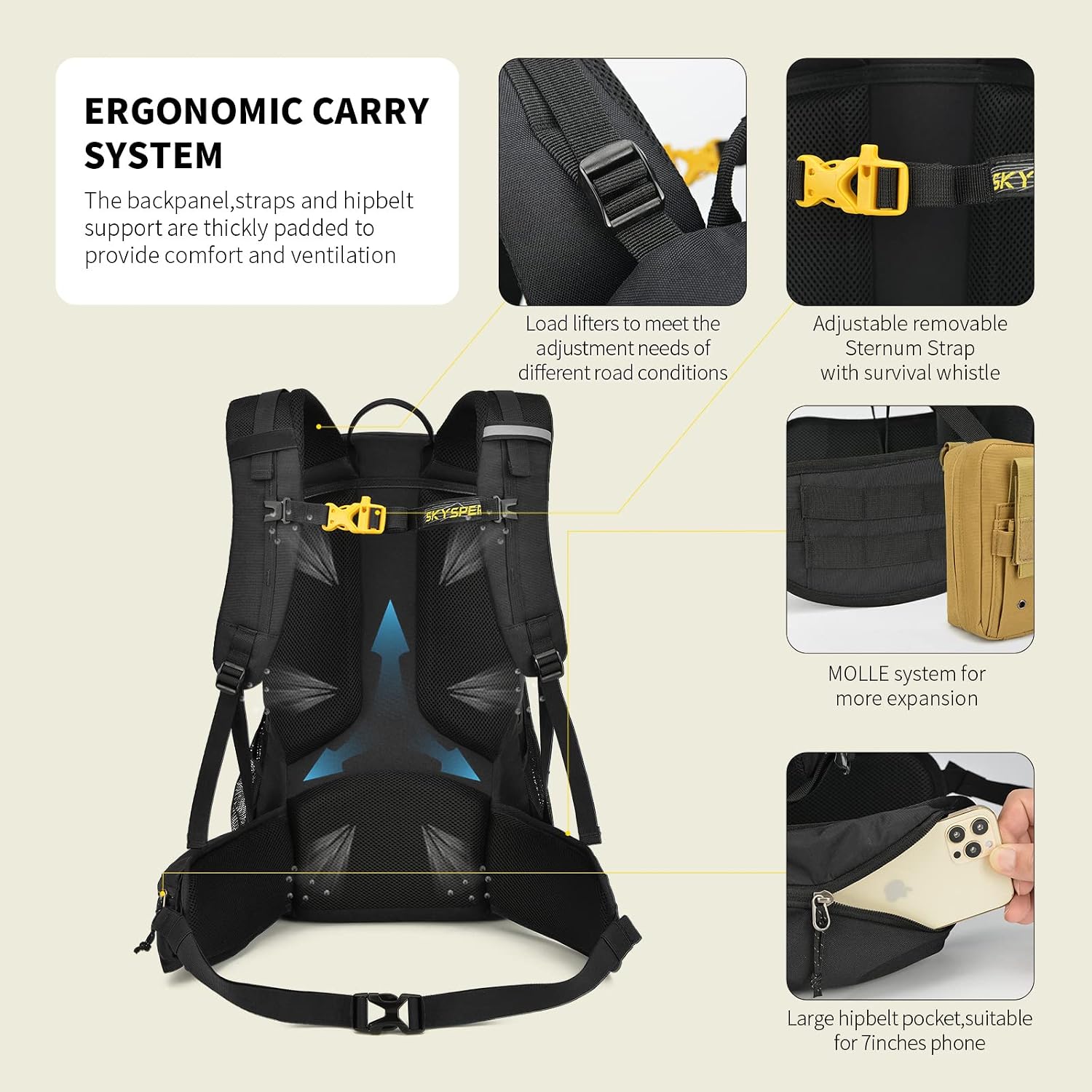 SKYSPER Hiking Backpack for Men Women, 35L Lightweight Travel Daypack, Outdoor Camping Back Pack with Multiple Compartments, Durable for Weekend Getaway