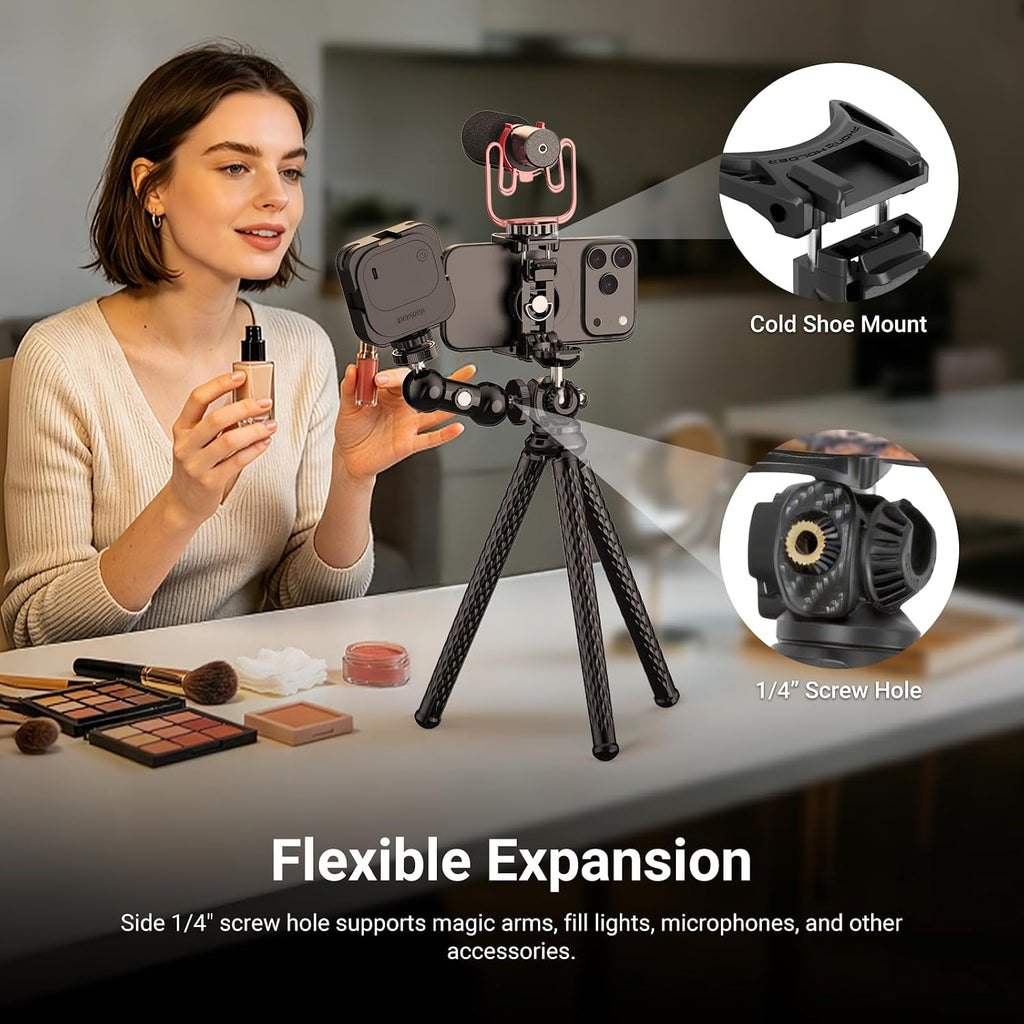 NEEWER Flexible Phone Tripod, Small Mini Camera Webcam Desk Stand, Phone Holder & Action Camera Mount Adapter Compatible with iPhone GoPro DJI Pocket 4 3 Xtra Muse Insta360 for Video Recording, TP34