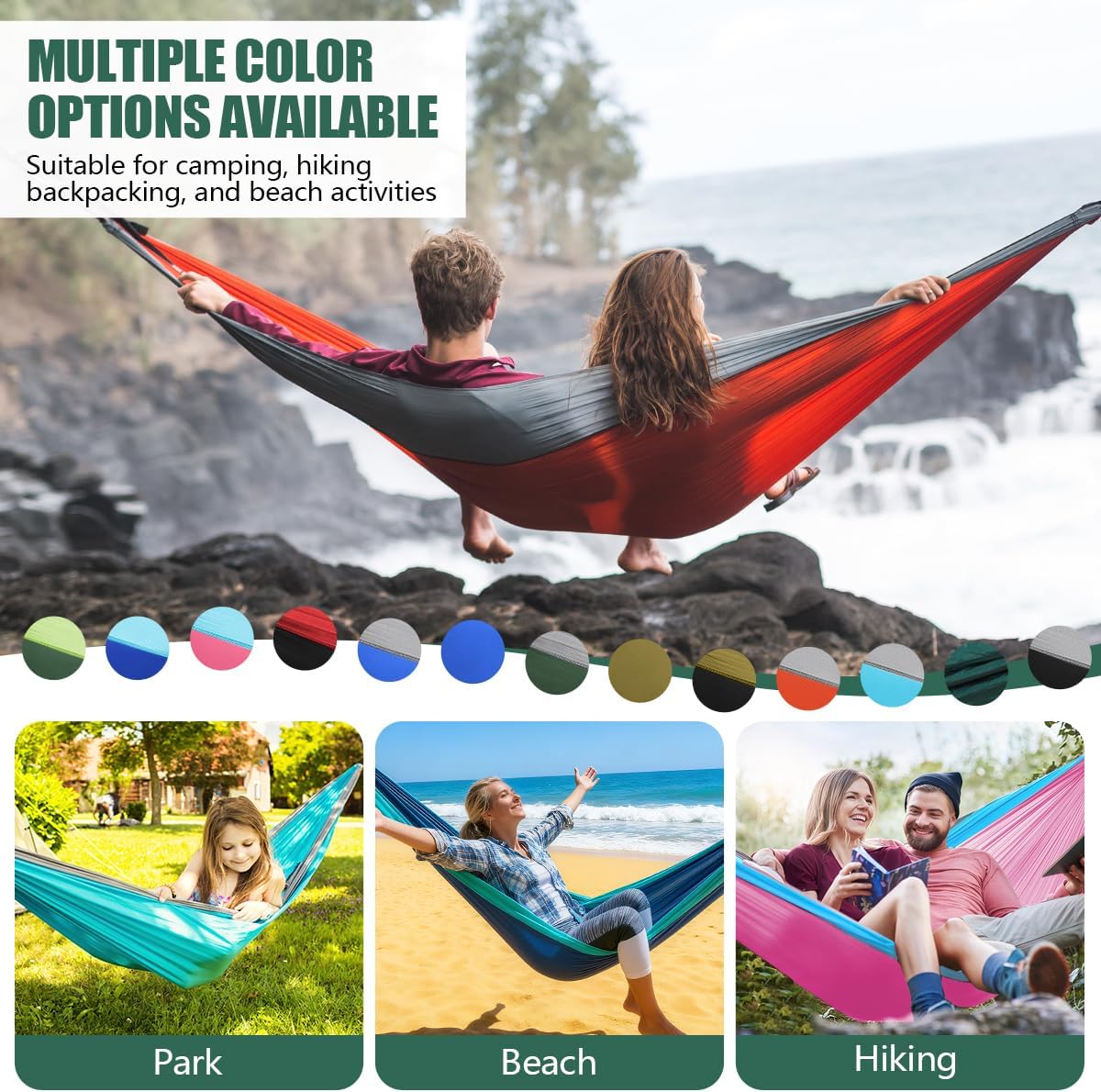 OBTANIM Camping Hammock 500lbs Portable Lightweight Single or Double Hammock with Tree Straps and Carry Bag for Camping Backpacking Hiking Travel Beach Outdoor Indoor (Dark Green)