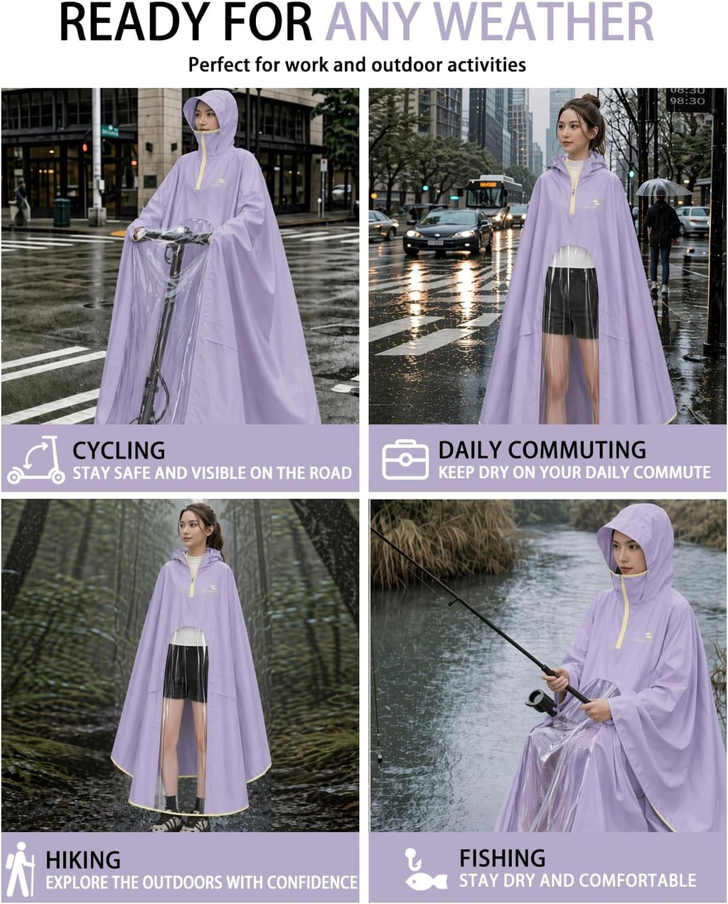 Rain Poncho Waterproof Full Body Long Hooded with Double-Face Visor Mask, Packable Raincoat for Cycling, Hiking