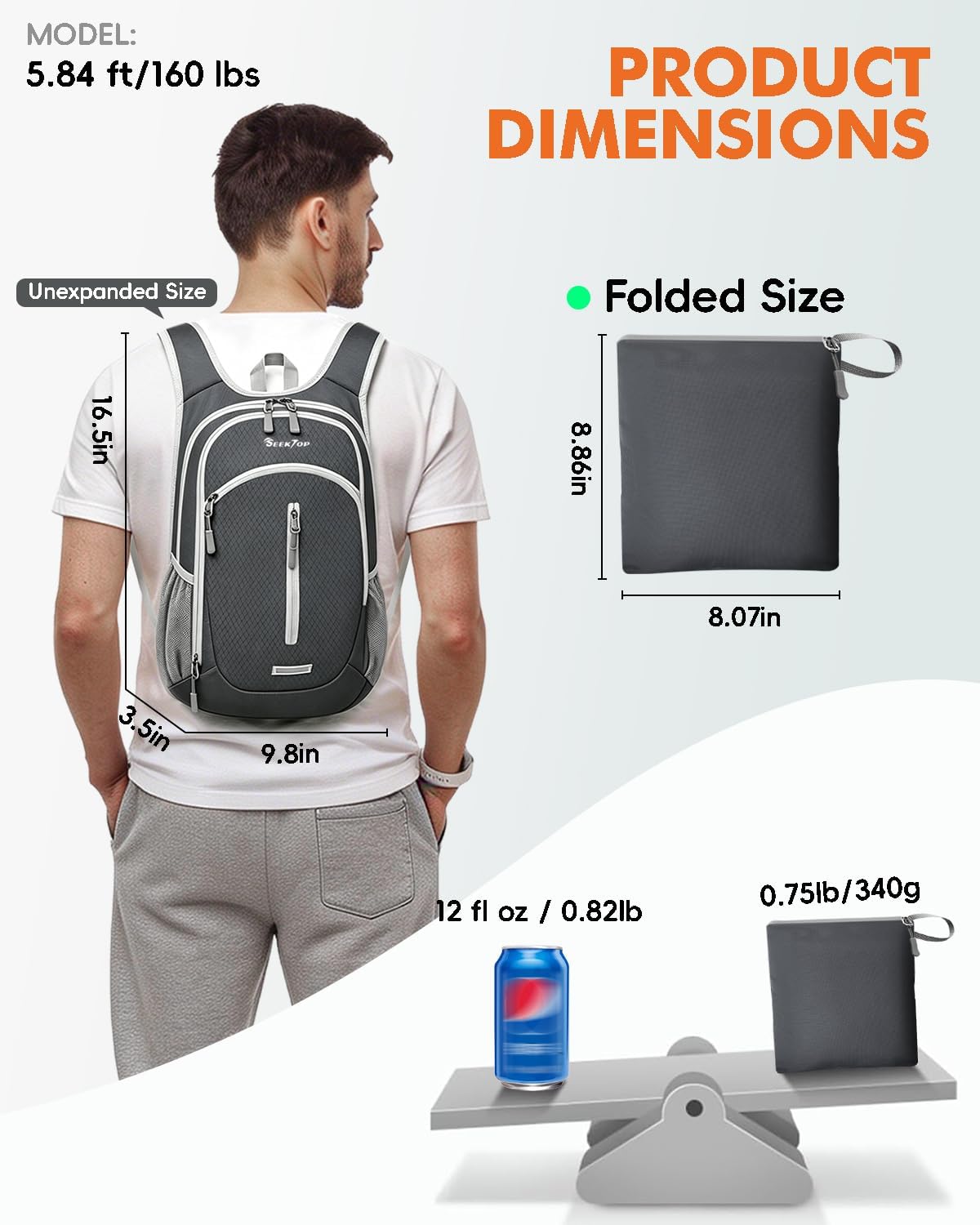 Seektop Small Hiking Backpack Expandable 12L-16L