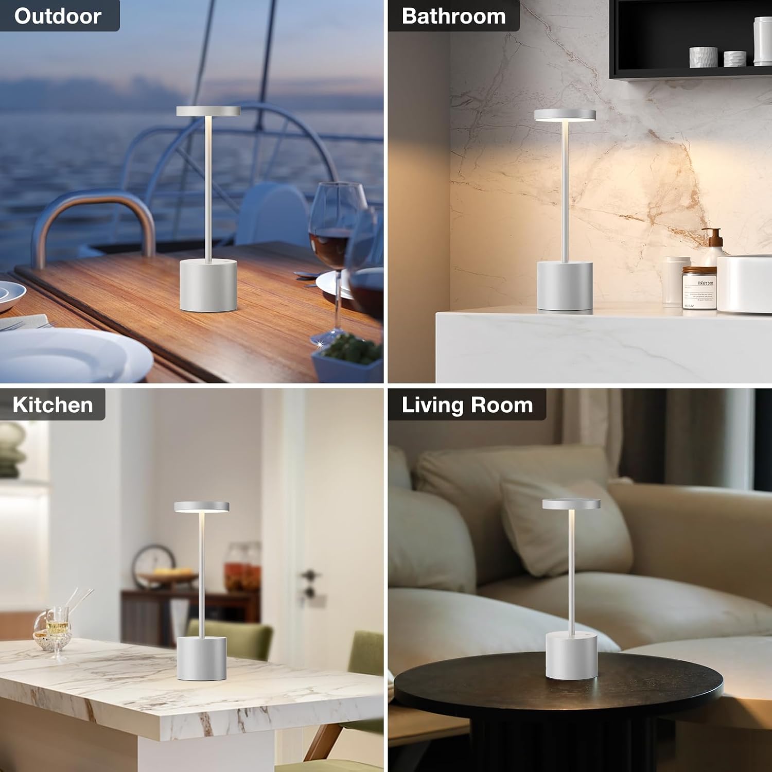 Kakanuo Silver Gray Cordless Lamp Set, Rechargeable Lamp, 3 Color Temperature, LED Outdoor Wireless Lamps, Battery Operated Lamps, Stepless Dimmable, Touch Control
