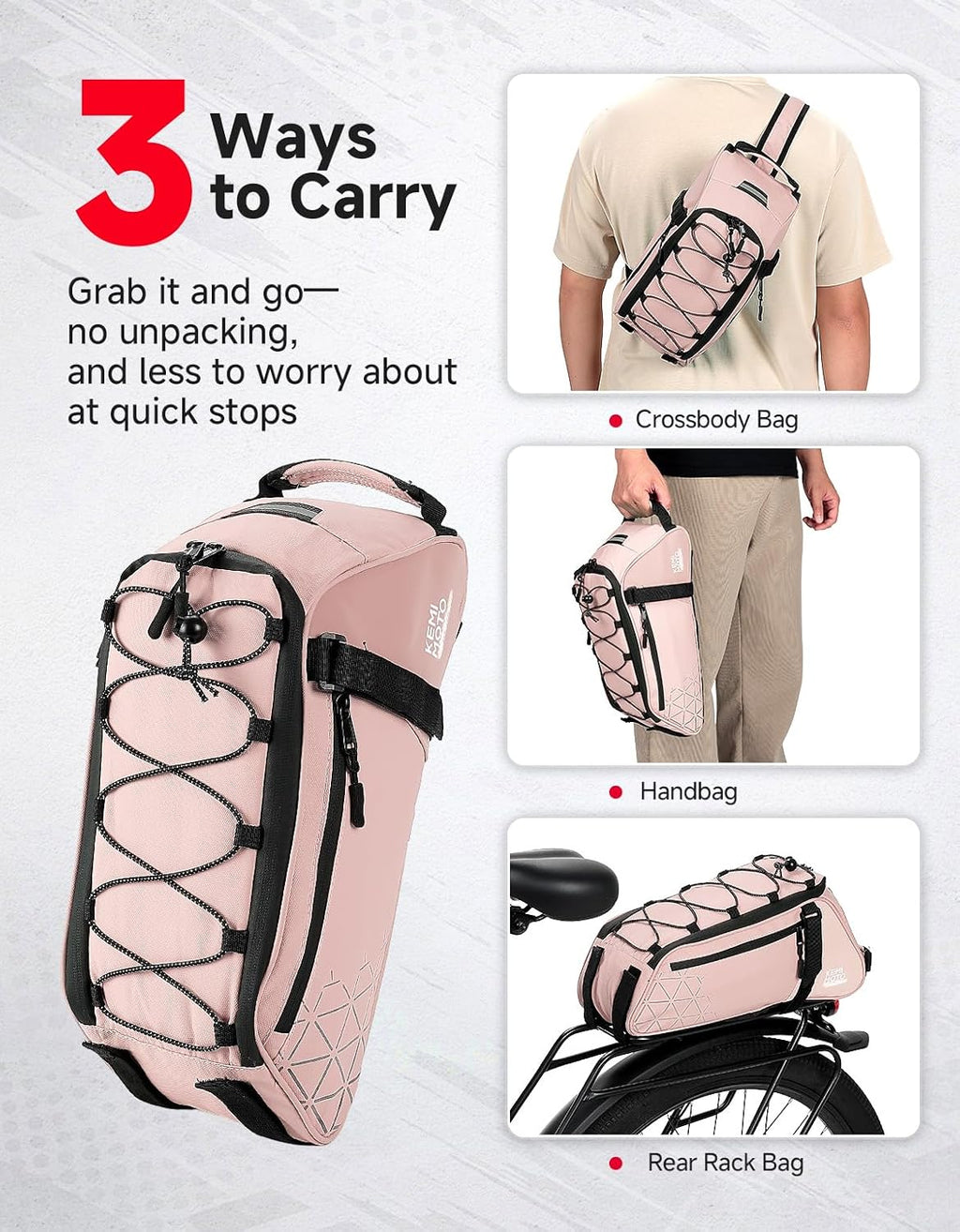 KEMIMOTO Rear Bike Rack Bag - 8L PVC Water Resistant Ebike Bags for Bicycle