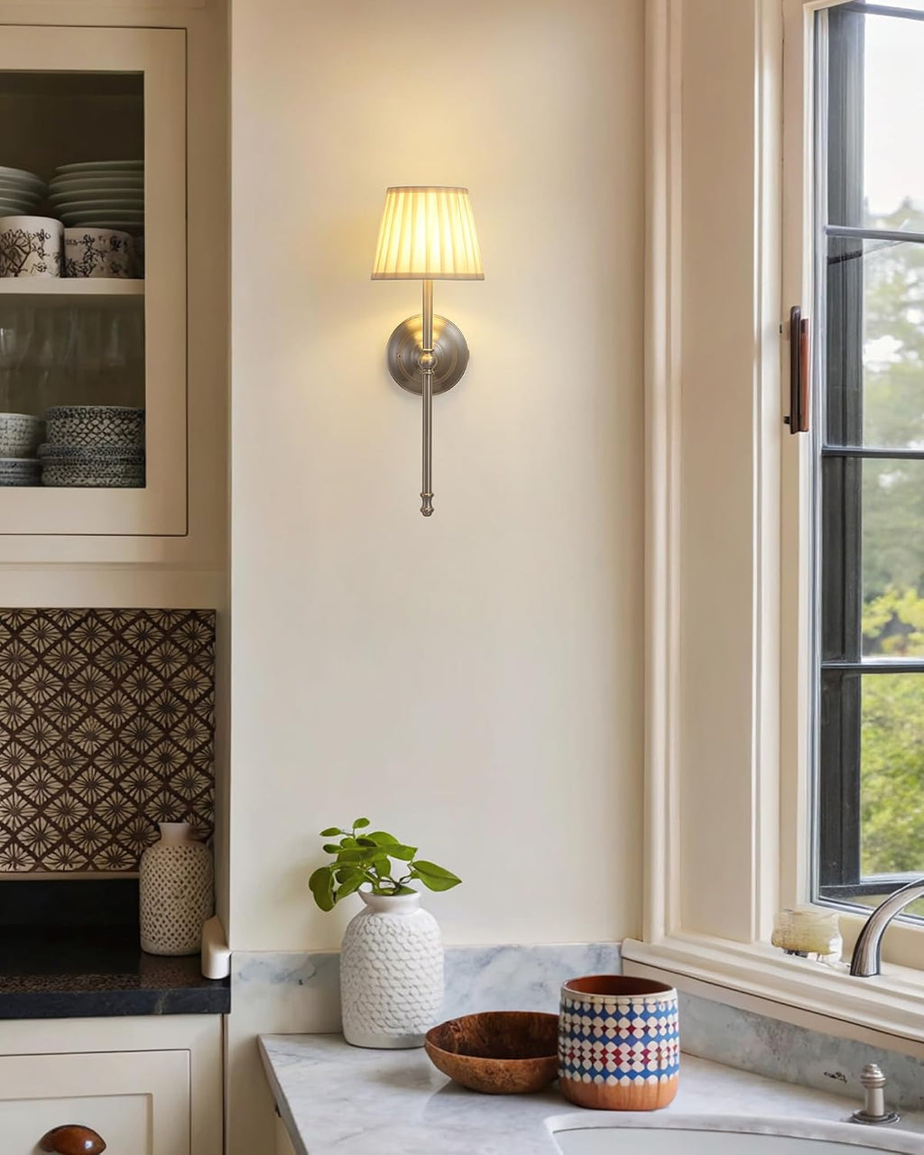 KDG Nickel Cordless Wall Sconces Set of 2, Beige Fabric LED Wall Lamp