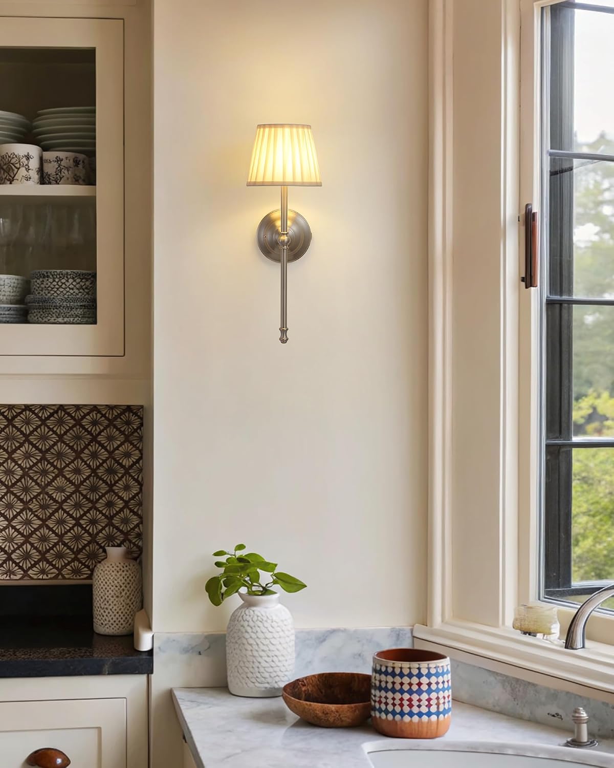 KDG Nickel Cordless Wall Sconces Set of 2, Beige Fabric LED Wall Lamp