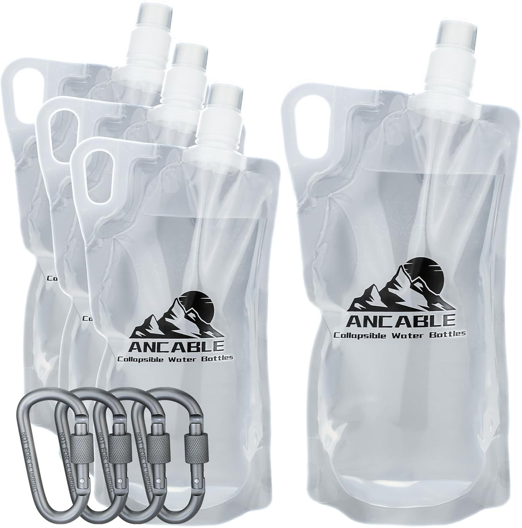 Ancable 1L Hiking Collapsible Water Bottles, 4-Pack 33OZ BPA-Free Foldable Backpacking Water Bottle for Travel Camping Hiking