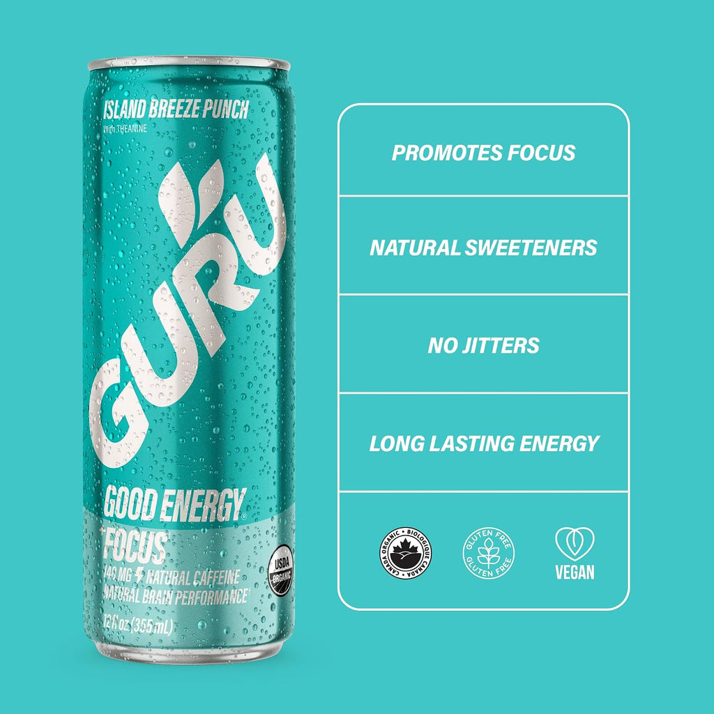 GURU Organic Energy Drink, Island Breeze Punch, 12 Fl Oz, 24 Pack