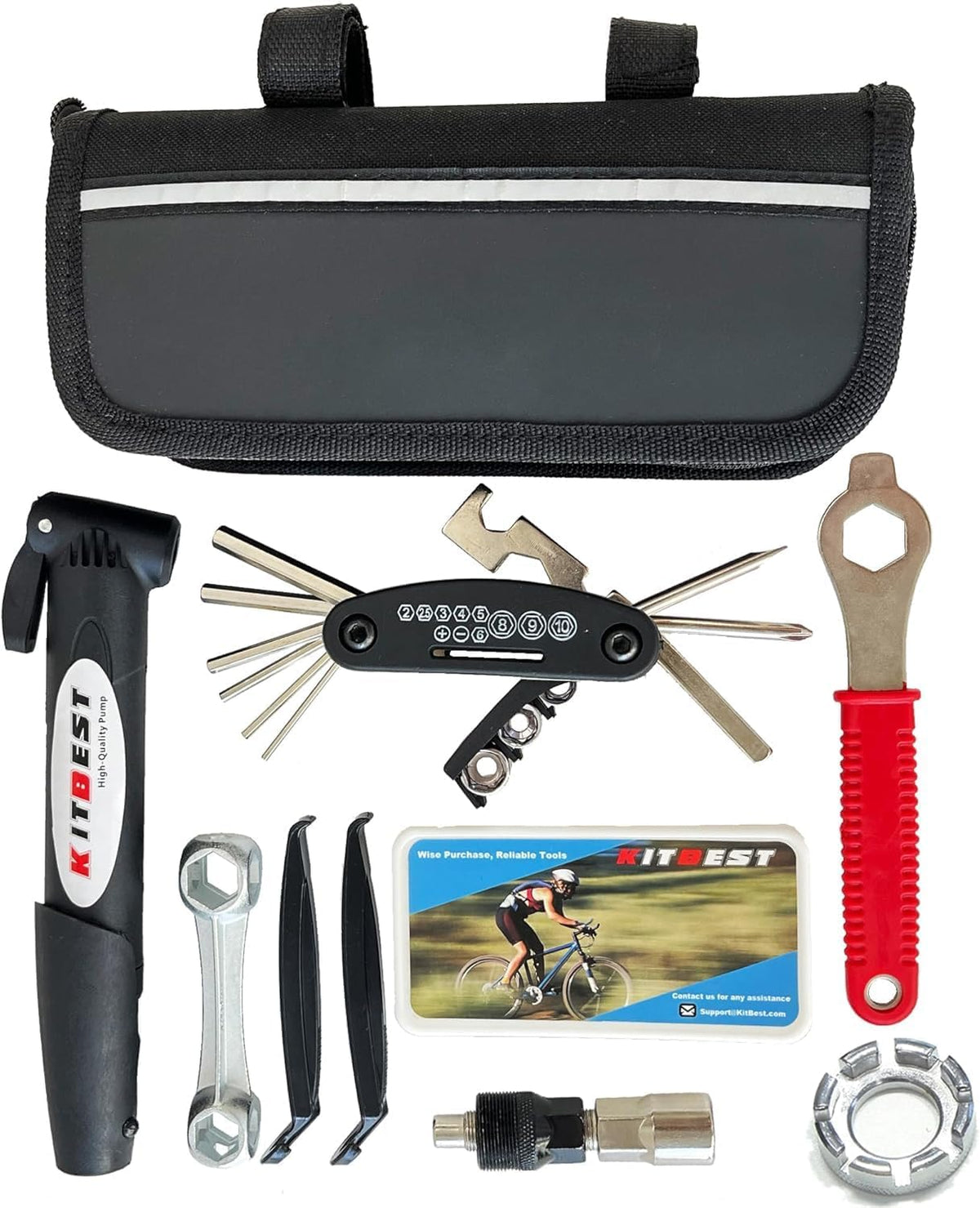 Bike Repair Bag with Tire Pump and Portable Bicycle Kit for Camping Travel
