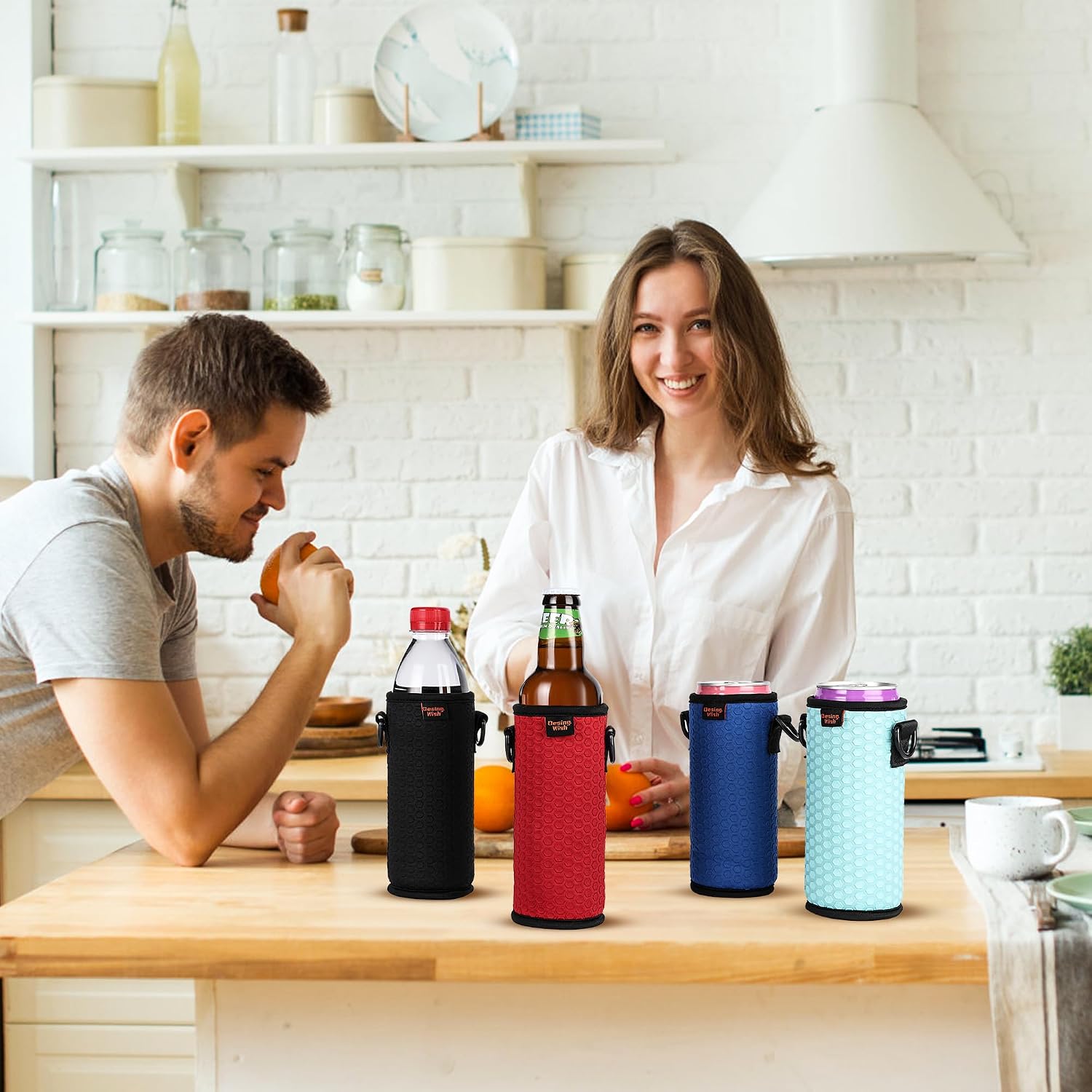 Portable 16.9 oz Plastic Bottles Insulators Sleeves 16 17 18 oz Beverage Bottle/Can Sleeves Holder with Shoulder Strap Plastic Bottle Sleeves Coolers 4 PCS (Orange/Green/Cyan/Grey)