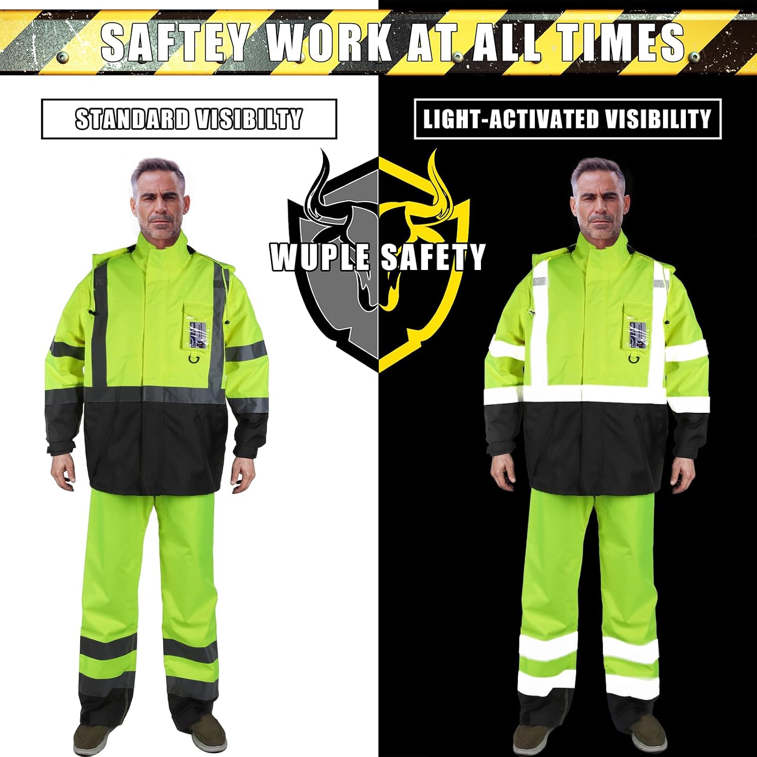 Safety Rain Jacket for Men Waterproof，Class 3 Hi Vis Rain Gear with Collapsible Hood， Breathable Rain Suits with Inner Mesh Lining and pocket，Reflective Waterproof Pants S/M