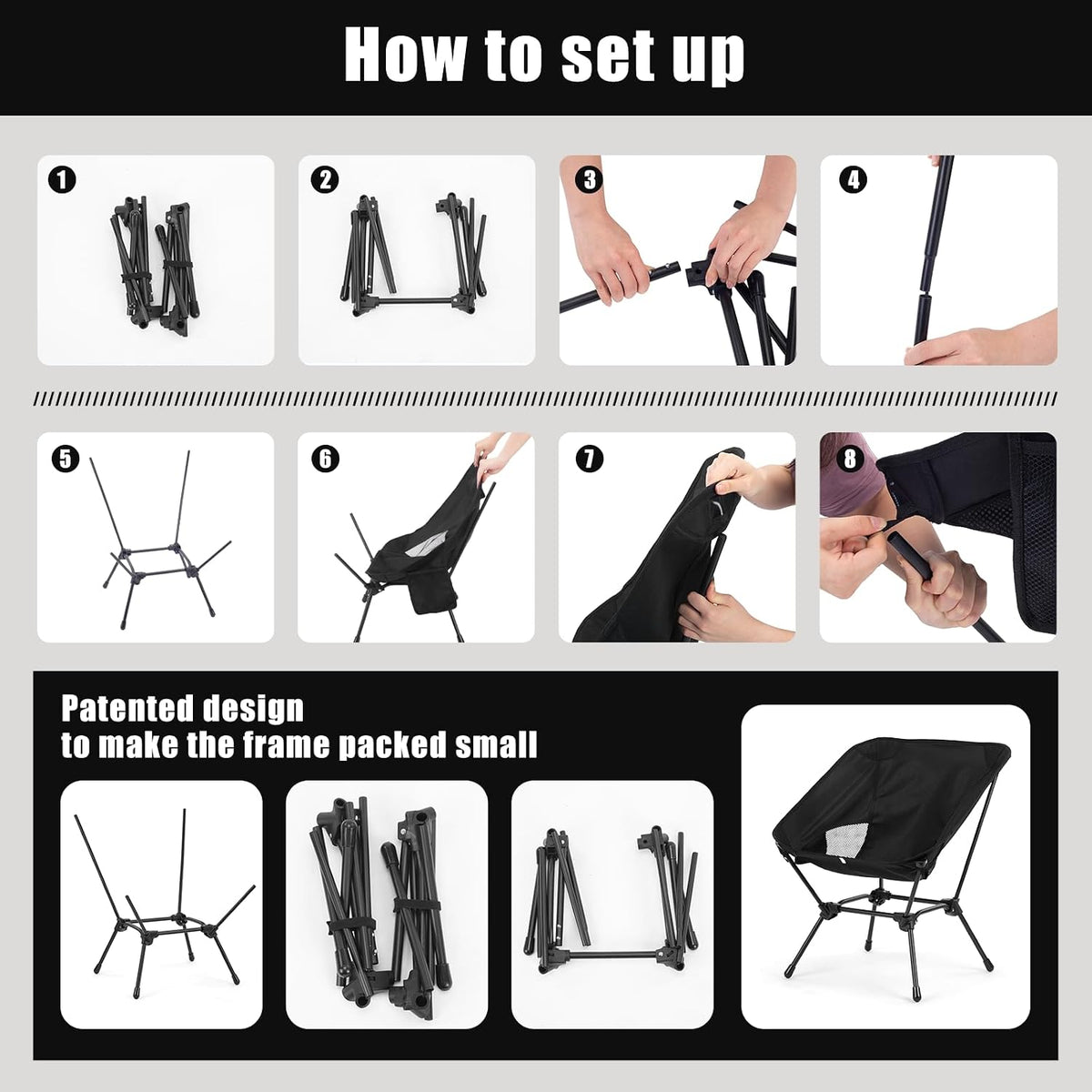 2 Pack Low Back Camping Chair, 2-in-1 Height Adjustable, Heavy Duty