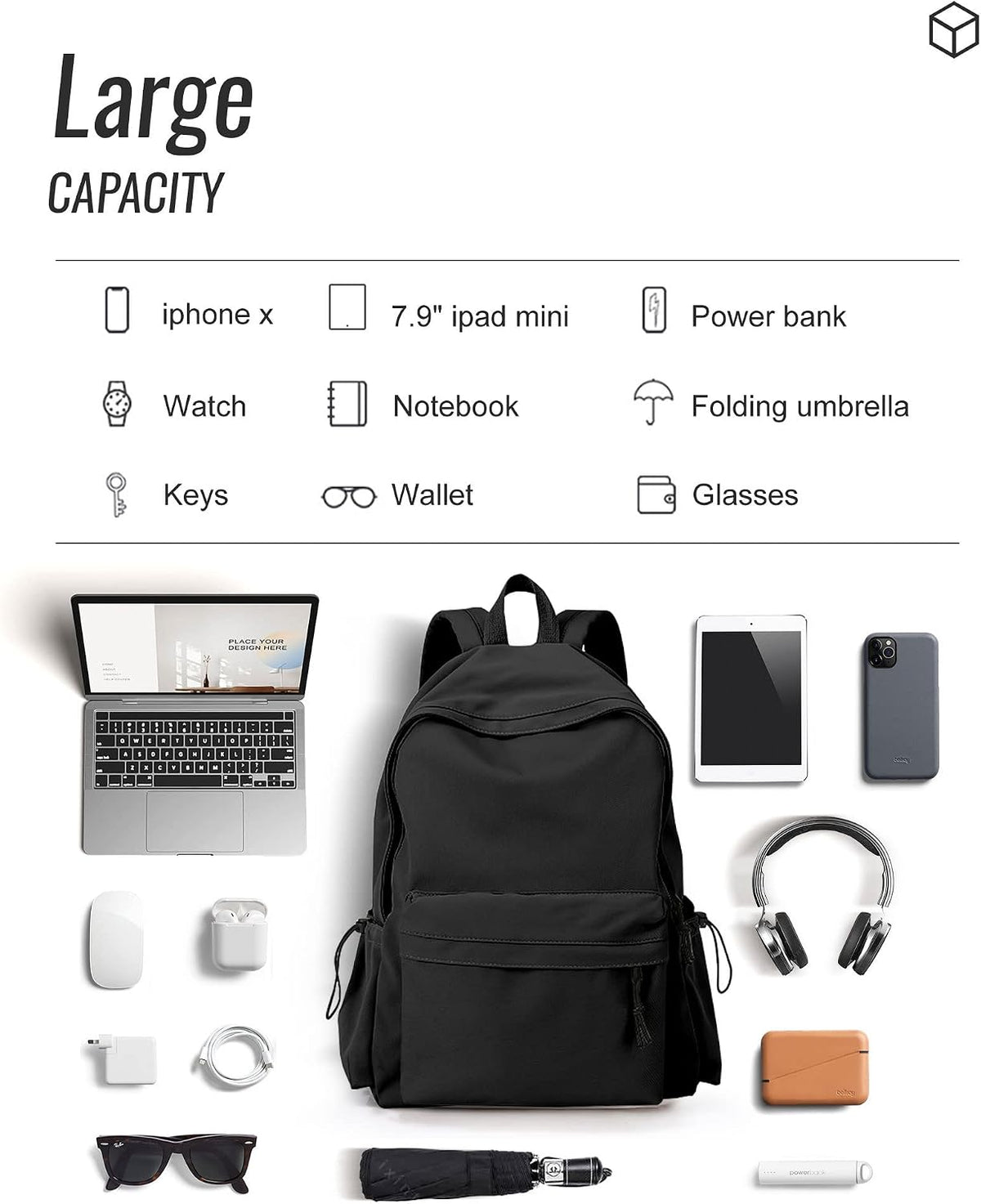 Black School Backpack for Women Men, Middle High School Bag for Girls Boys