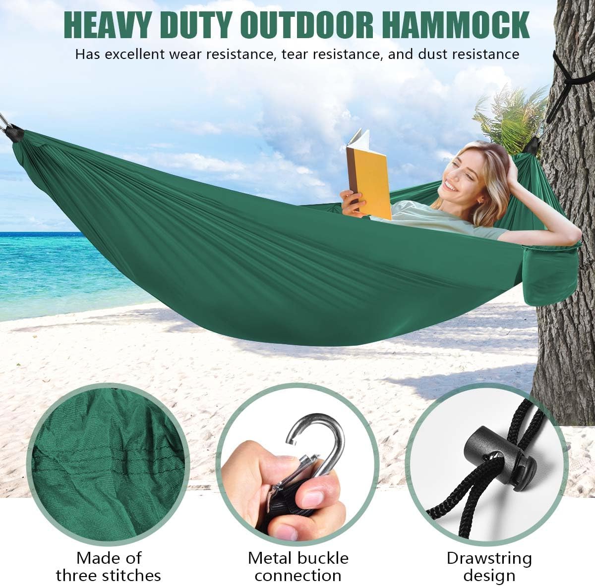OBTANIM Camping Hammock 500lbs Portable Lightweight Single or Double Hammock with Tree Straps and Carry Bag for Camping Backpacking Hiking Travel Beach Outdoor Indoor (Dark Green)