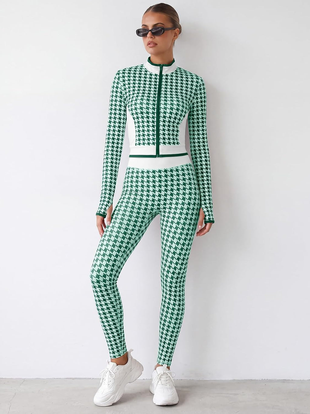 Aoysky Womens High Waist Houndstooth Leggings No Front Seam Yoga Pants