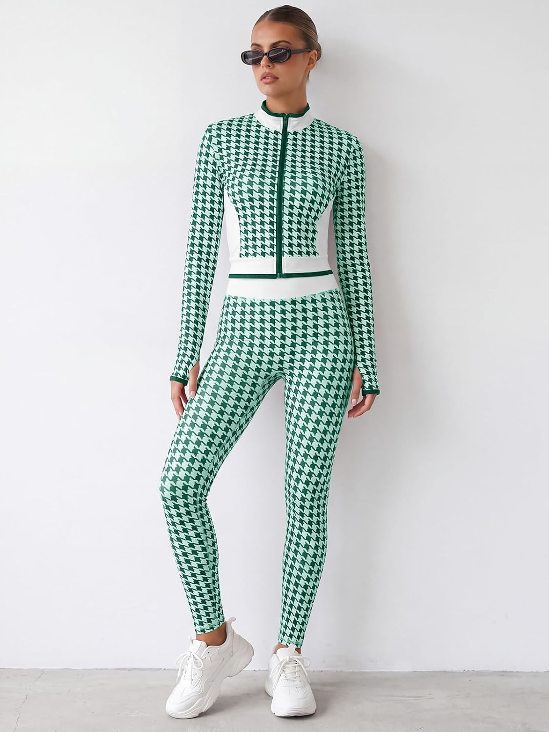 Aoysky Womens High Waist Houndstooth Leggings No Front Seam Yoga Pants