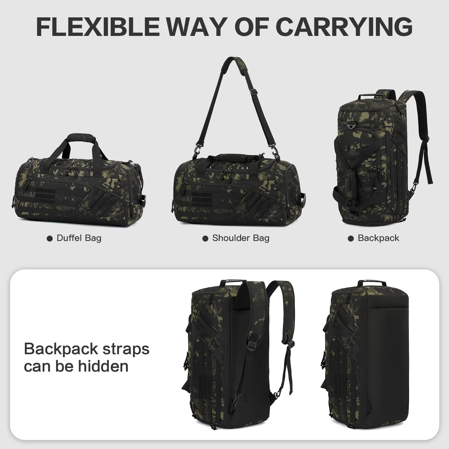 3-in-1 Tactical Gym & Travel Duffle Bag Backpack Men Multi-Functional 45L Military Sports Duffle Bag with Shoe Compartment & Wet Pocket for Workout Weekender Overnight Bag with Molle Webbing, Camo