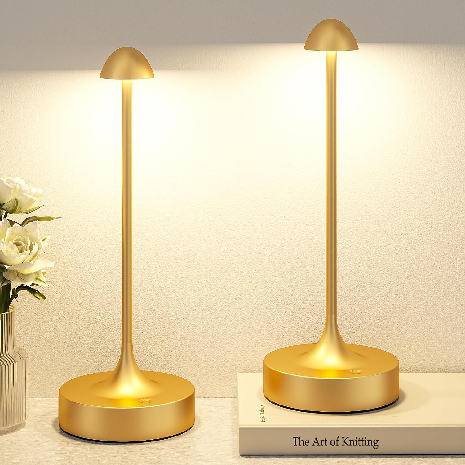 Kakanuo Rechargeable Cordless Table Lamp, Battery Operated Lamps, 3-Color Stepless Dimming, Portable Wireless Desk Lamp, LED Lighting for Dining Room, Restaurant, Office, Bar, Home(Gold 2 Pack)