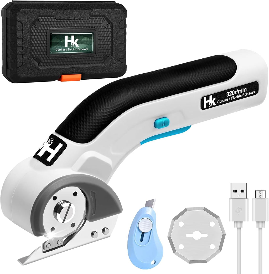 HK Cordless Electric Scissors, 4V Electric Box Cutter, Carpet & Cardboard Cutter with a Replacement Blade/Charger, Rotary Cutter for Cardboard Packages Leather Plastic (White)
